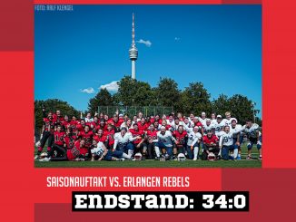 Artikelbild mit einem Gruppenfoto der Sisters und Rebels. Im Hintergrund ist der Stuttgarter Fernsehturm zu sehen. Auf dem Foto steht "Saisonauftakt vs. Erlangen Rebels" und darunter "Endstand. 34:0"