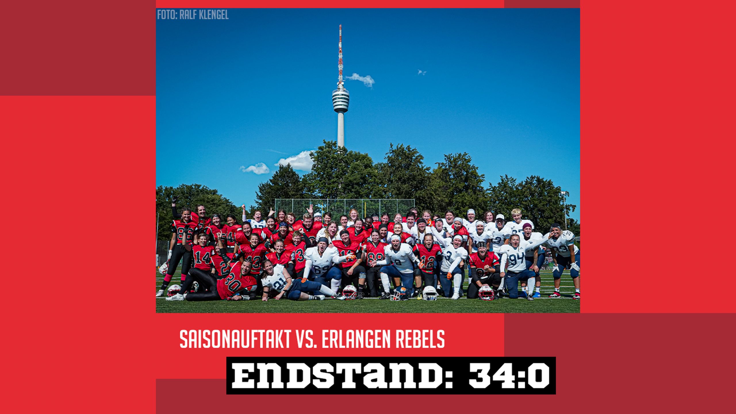 Artikelbild mit einem Gruppenfoto der Sisters und Rebels. Im Hintergrund ist der Stuttgarter Fernsehturm zu sehen. Auf dem Foto steht „Saisonauftakt vs. Erlangen Rebels“ und darunter „Endstand. 34:0“